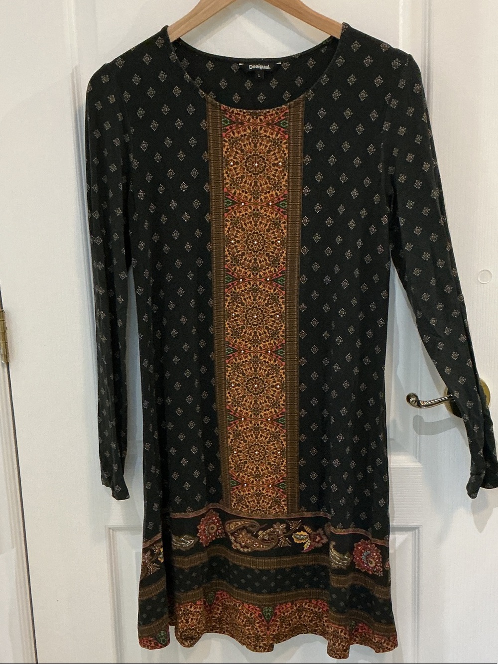 Desigual Black Dress with Gold and Rust Ornate Center Panel, size L. BUNDLE!